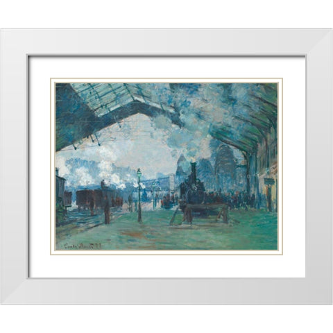 Arrival of the Normandy Train - Gare Saint-Lazare White Modern Wood Framed Art Print with Double Matting by Monet, Claude