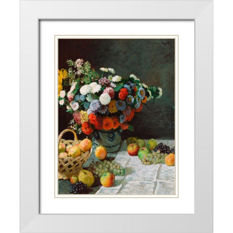 Still life with flowers and fruit White Modern Wood Framed Art Print with Double Matting by Monet, Claude