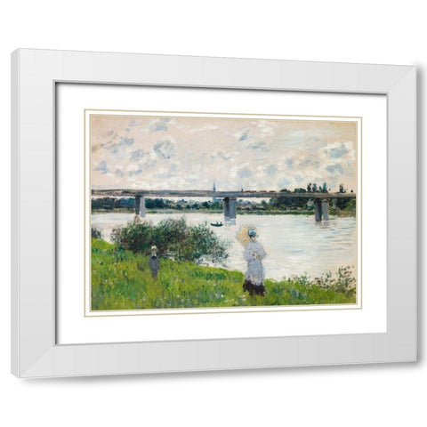 The Promenade with the Railroad Bridge- Argenteuil White Modern Wood Framed Art Print with Double Matting by Monet, Claude