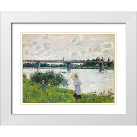 The Promenade with the Railroad Bridge- Argenteuil White Modern Wood Framed Art Print with Double Matting by Monet, Claude