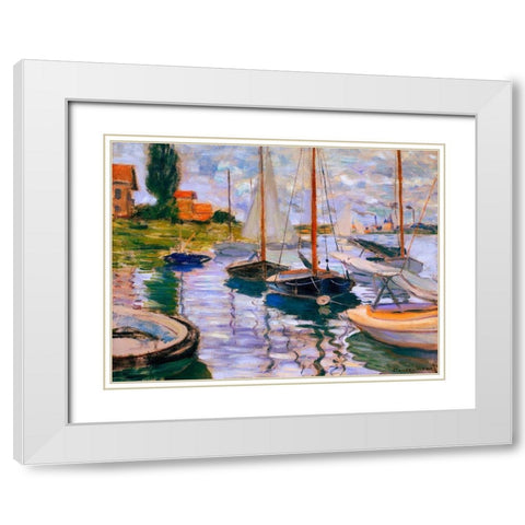 Voiliers sur la Seine White Modern Wood Framed Art Print with Double Matting by Monet, Claude