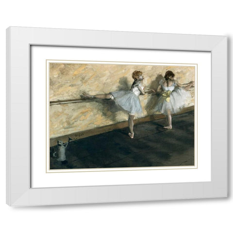 Dancers Practicing at the Barre White Modern Wood Framed Art Print with Double Matting by Degas, Edgar