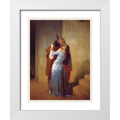 The Kiss White Modern Wood Framed Art Print with Double Matting by Hayez, Francesco