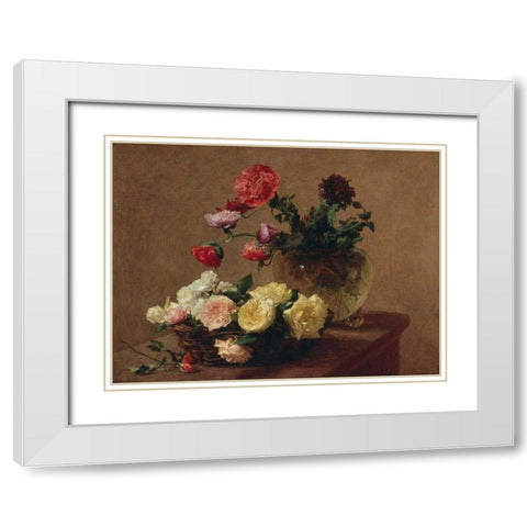 Poppies in a Crystal Vase and Roses in a Basket (detail) White Modern Wood Framed Art Print with Double Matting by Fantin-Latour, Henri