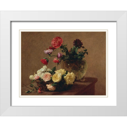 Poppies in a Crystal Vase and Roses in a Basket (detail) White Modern Wood Framed Art Print with Double Matting by Fantin-Latour, Henri
