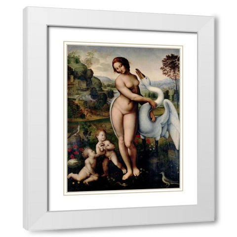 Leda and the Swan  White Modern Wood Framed Art Print with Double Matting by After Leonardo Da Vinci