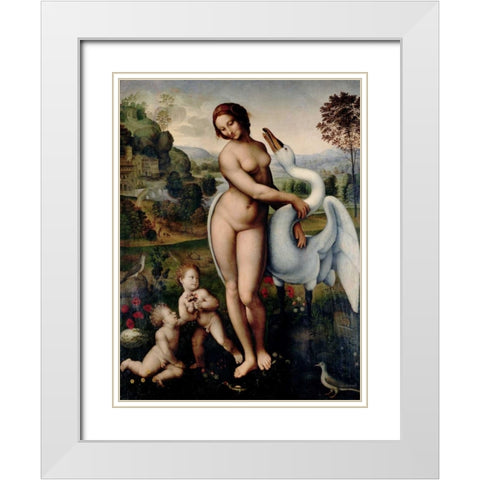 Leda and the Swan  White Modern Wood Framed Art Print with Double Matting by After Leonardo Da Vinci