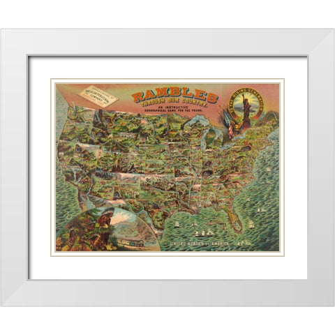 Game board with map of America, 1890 White Modern Wood Framed Art Print with Double Matting by Anonymous