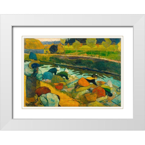 Washerwomen White Modern Wood Framed Art Print with Double Matting by Gauguin, Paul