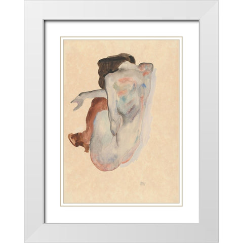 Crouching Nude in Shoes and Black Stockings-Back View White Modern Wood Framed Art Print with Double Matting by Schiele, Egon