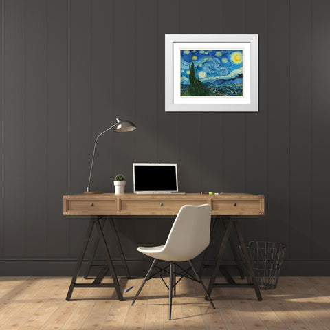 The Starry Night White Modern Wood Framed Art Print with Double Matting by Van Gogh, Vincent