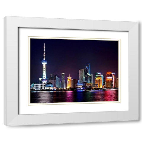 Shanghai at night White Modern Wood Framed Art Print with Double Matting by Ratsenskiy, Vadim