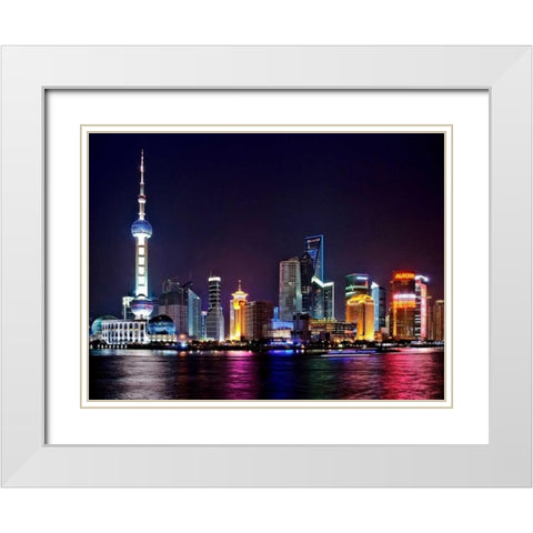 Shanghai at night White Modern Wood Framed Art Print with Double Matting by Ratsenskiy, Vadim