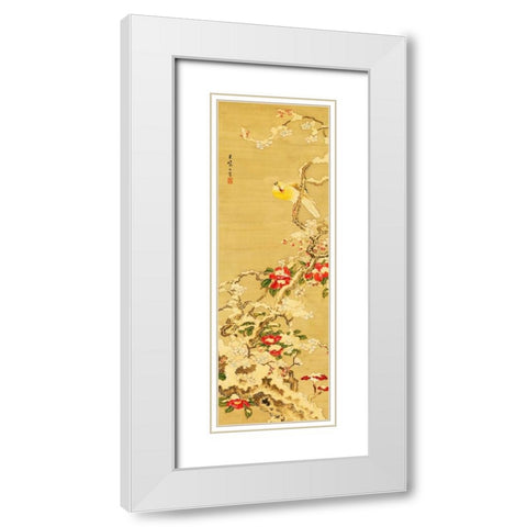 Bird among Camellias in Snow  White Modern Wood Framed Art Print with Double Matting by Anonymous
