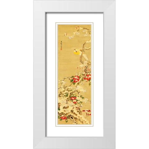 Bird among Camellias in Snow  White Modern Wood Framed Art Print with Double Matting by Anonymous
