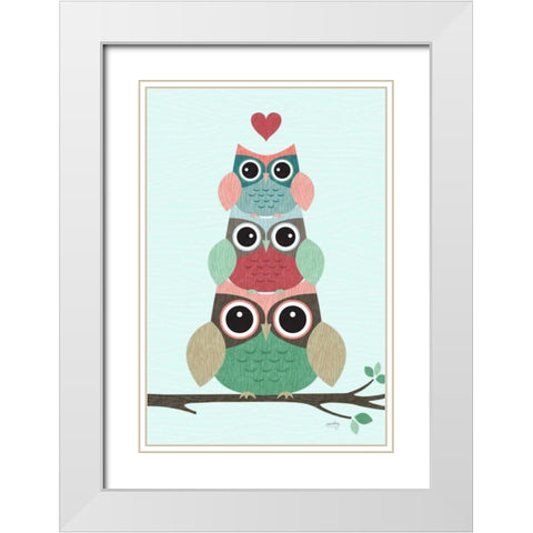 Stacked Owls White Modern Wood Framed Art Print with Double Matting by Noonday Design