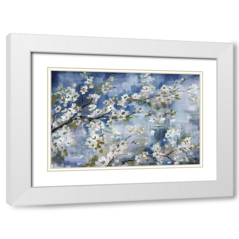 Cherry Blossoms Branch Blue and White landscape White Modern Wood Framed Art Print with Double Matting by Tre Sorelle Studios