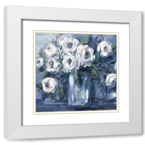 Indigo and White Blooms in Mason Jar White Modern Wood Framed Art Print with Double Matting by Tre Sorelle Studios