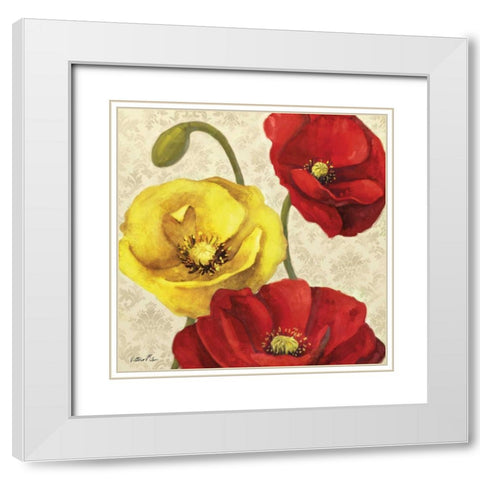 Red and Yellow Poppy Damask I White Modern Wood Framed Art Print with Double Matting by Milan, Vittorio