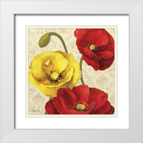 Red and Yellow Poppy Damask I White Modern Wood Framed Art Print with Double Matting by Milan, Vittorio
