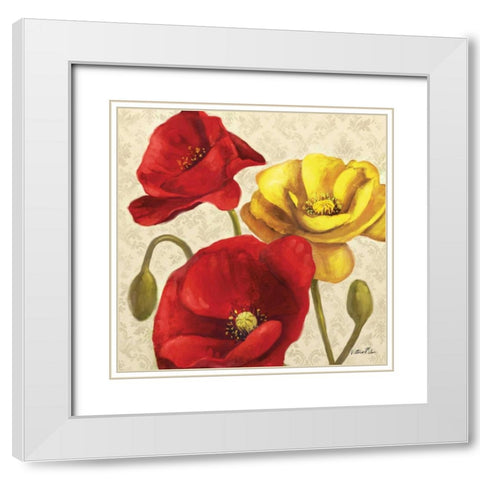 Red and Yellow Poppy Damask II White Modern Wood Framed Art Print with Double Matting by Milan, Vittorio
