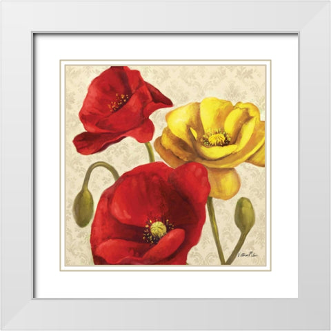 Red and Yellow Poppy Damask II White Modern Wood Framed Art Print with Double Matting by Milan, Vittorio
