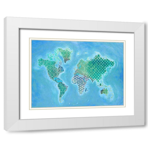 Global Patterned World Map White Modern Wood Framed Art Print with Double Matting by Fisk, Arnie
