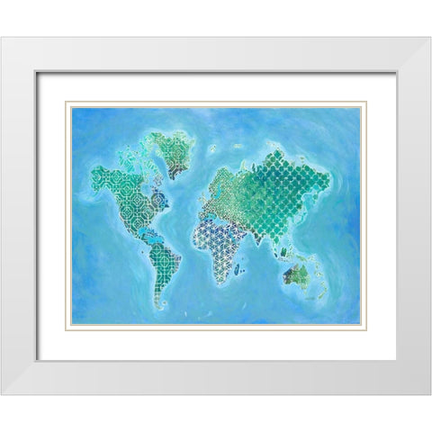 Global Patterned World Map White Modern Wood Framed Art Print with Double Matting by Fisk, Arnie