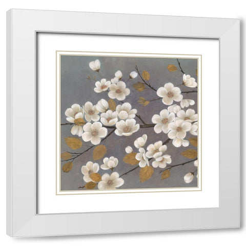 Gold Leaf Blossom Branch Square White Modern Wood Framed Art Print with Double Matting by Ng, Crystal
