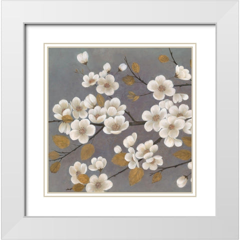 Gold Leaf Blossom Branch Square White Modern Wood Framed Art Print with Double Matting by Ng, Crystal