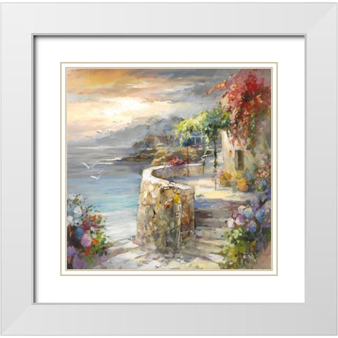 Seagulls and sunset White Modern Wood Framed Art Print with Double Matting by Haenraets, Willem