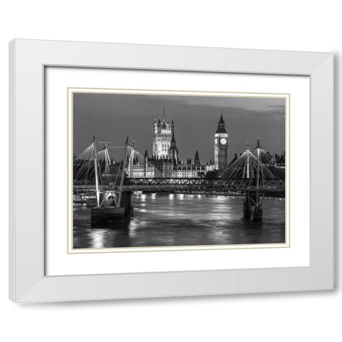 London-River Thames-Waterloo brigde and houses of parliment at night White Modern Wood Framed Art Print with Double Matting by Frank, Assaf