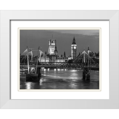 London-River Thames-Waterloo brigde and houses of parliment at night White Modern Wood Framed Art Print with Double Matting by Frank, Assaf