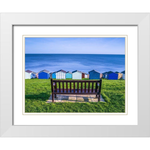 Bench on lawn with beach huts in background White Modern Wood Framed Art Print with Double Matting by Frank, Assaf