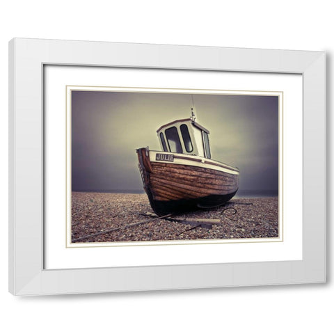 Boat moored on pebbled Beach White Modern Wood Framed Art Print with Double Matting by Frank, Assaf