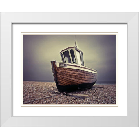 Boat moored on pebbled Beach White Modern Wood Framed Art Print with Double Matting by Frank, Assaf