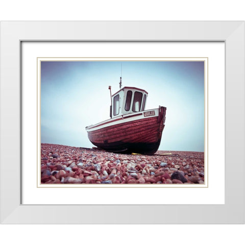 Boat moored on pebbled Beach White Modern Wood Framed Art Print with Double Matting by Frank, Assaf