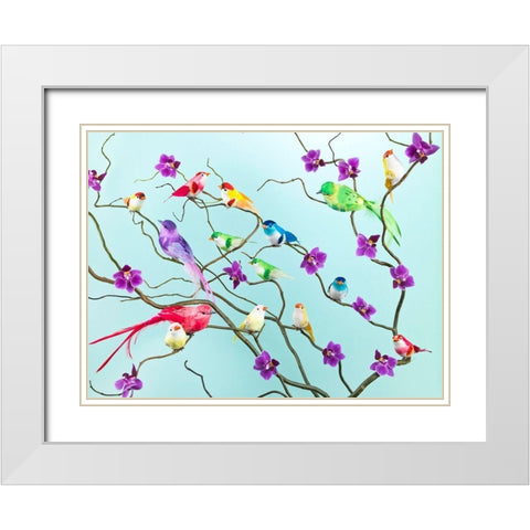 Fake birds on branches White Modern Wood Framed Art Print with Double Matting by Frank, Assaf