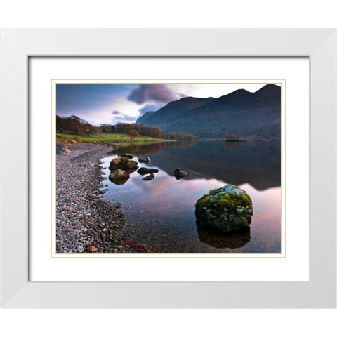 Rocks and still lake White Modern Wood Framed Art Print with Double Matting by Frank, Assaf