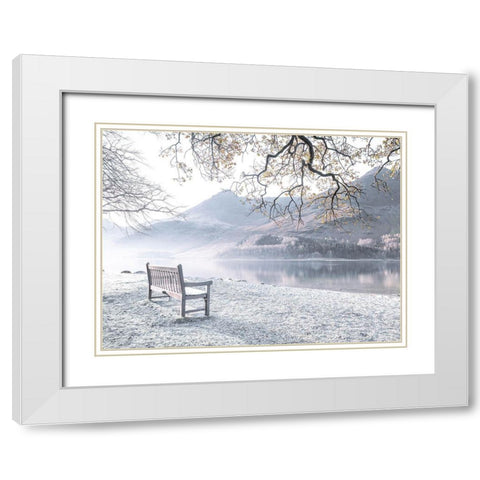 Bench by still lake White Modern Wood Framed Art Print with Double Matting by Frank, Assaf