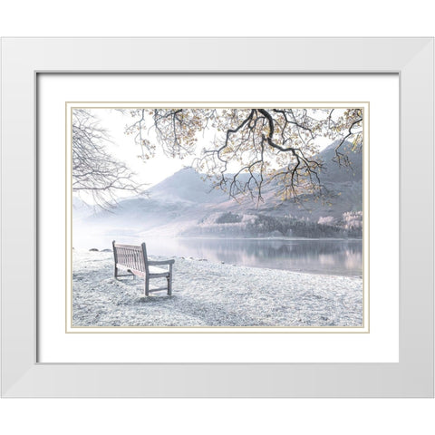 Bench by still lake White Modern Wood Framed Art Print with Double Matting by Frank, Assaf