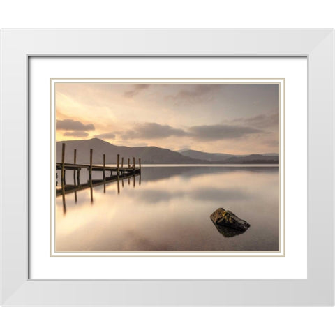 Pier on still lake White Modern Wood Framed Art Print with Double Matting by Frank, Assaf