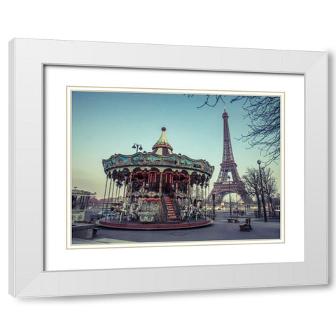 Carousel with the Eiffel tower in the background White Modern Wood Framed Art Print with Double Matting by Frank, Assaf