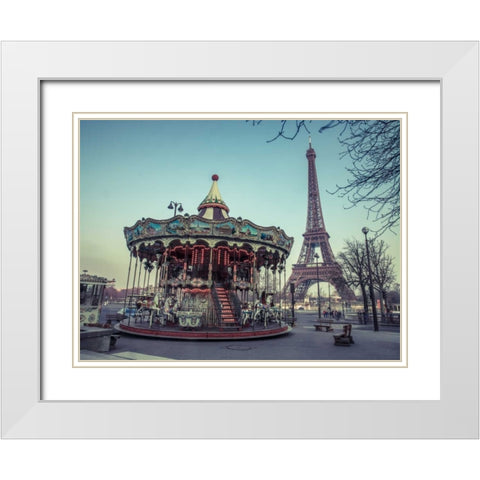 Carousel with the Eiffel tower in the background White Modern Wood Framed Art Print with Double Matting by Frank, Assaf