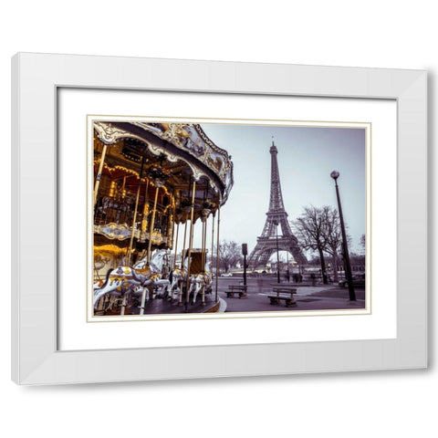 Carousel with the Eiffel tower in the background White Modern Wood Framed Art Print with Double Matting by Frank, Assaf