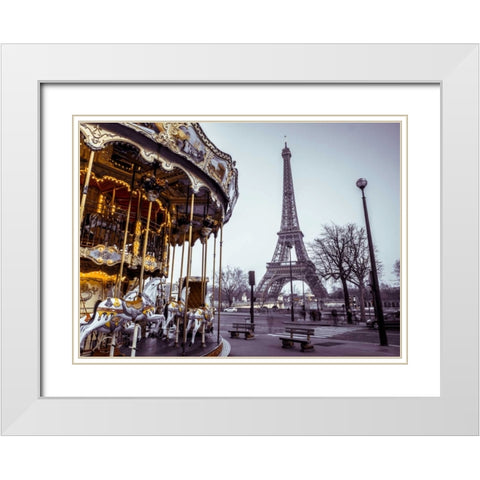 Carousel with the Eiffel tower in the background White Modern Wood Framed Art Print with Double Matting by Frank, Assaf