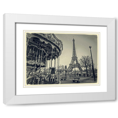 Carousel with the Eiffel tower in the background White Modern Wood Framed Art Print with Double Matting by Frank, Assaf