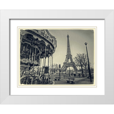 Carousel with the Eiffel tower in the background White Modern Wood Framed Art Print with Double Matting by Frank, Assaf