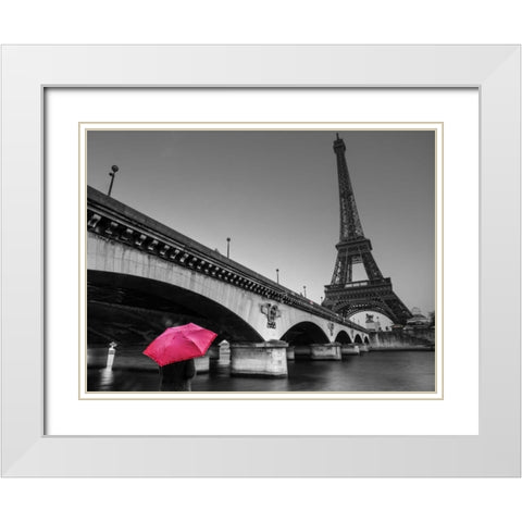 Bridge over river Siene with Eifflel tower in background, Paris, France White Modern Wood Framed Art Print with Double Matting by Frank, Assaf