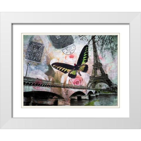 Eiffel tower with butterfly and roses overlay White Modern Wood Framed Art Print with Double Matting by Frank, Assaf